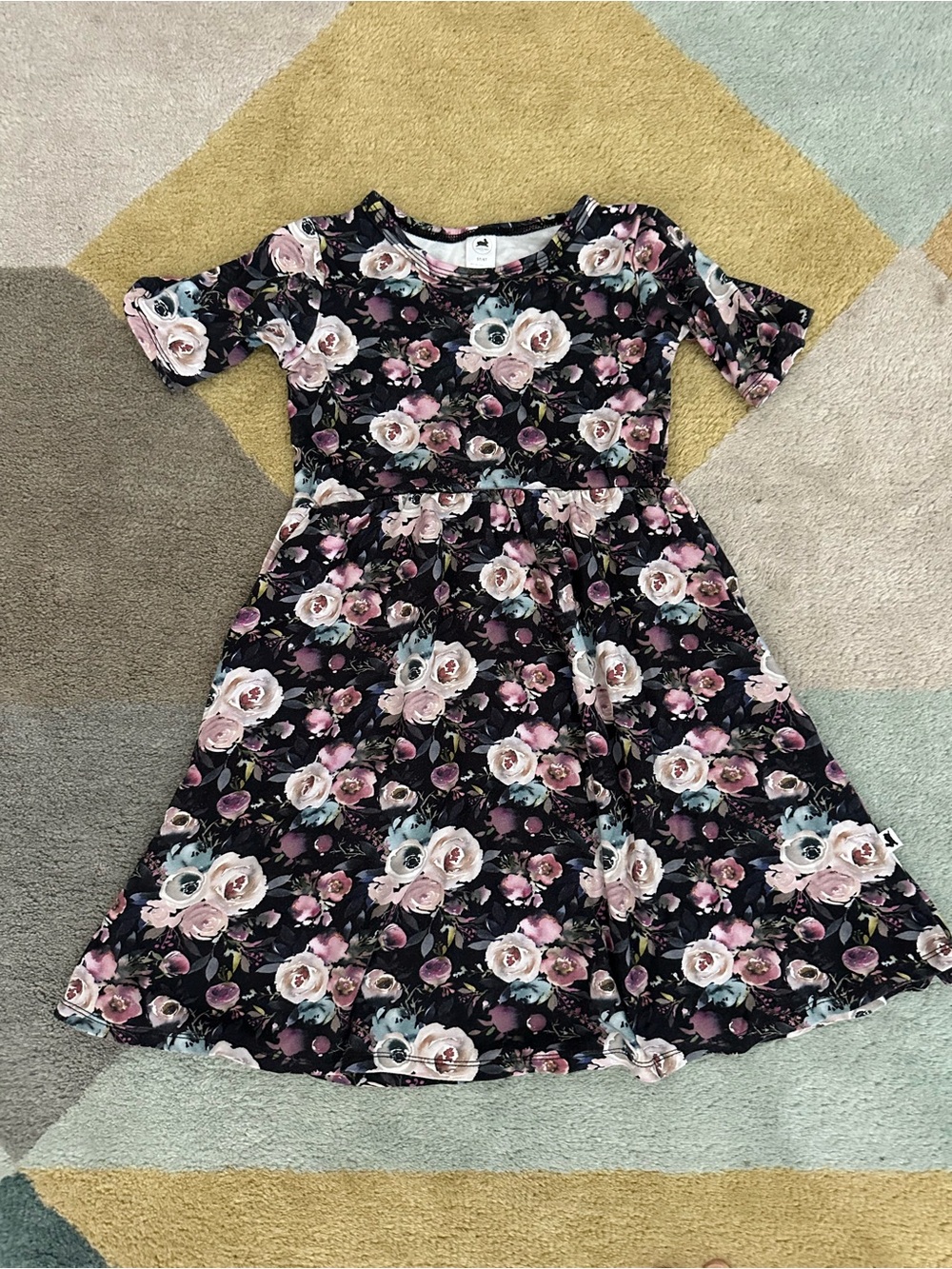 Girls' Black Floral A-Line Dress - Pink & Cream Roses